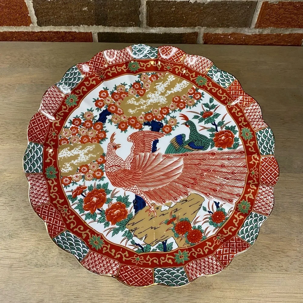 Vintage Arita Imari Japan Peacock Scalloped Serving Platter‎ Plate